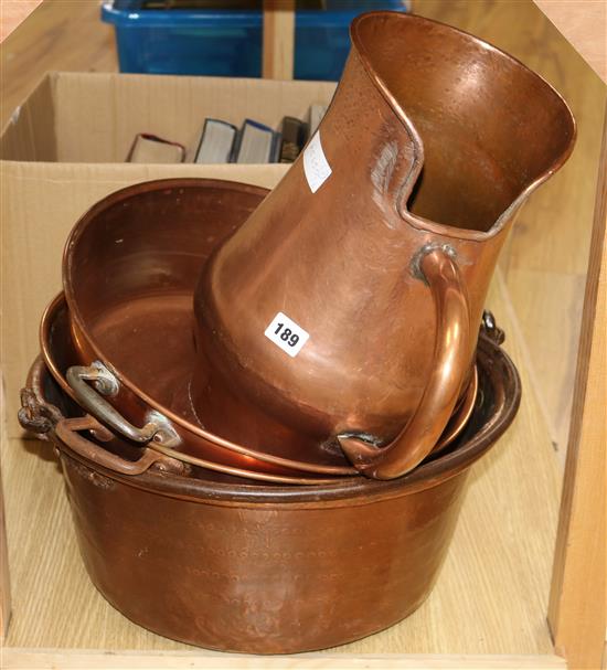 Three copper preserve pans and a jug jug height 39cm